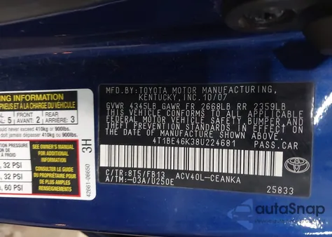 2008 Toyota Camry from USA, damaged, VIN 4T1BE46K38U224681